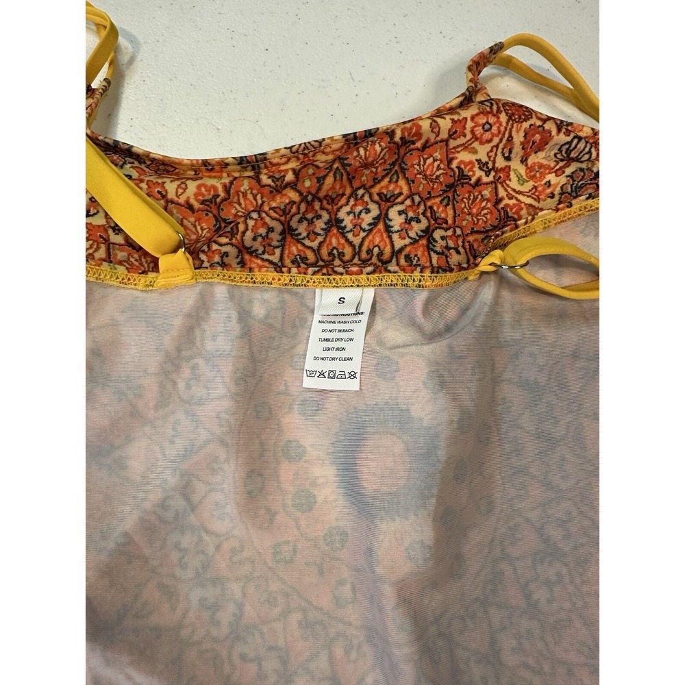 Womens Tankini Swimsuit 2 Piece Small Orange Yellow Boho Floral Mandala Full Set - Picture 11 of 16